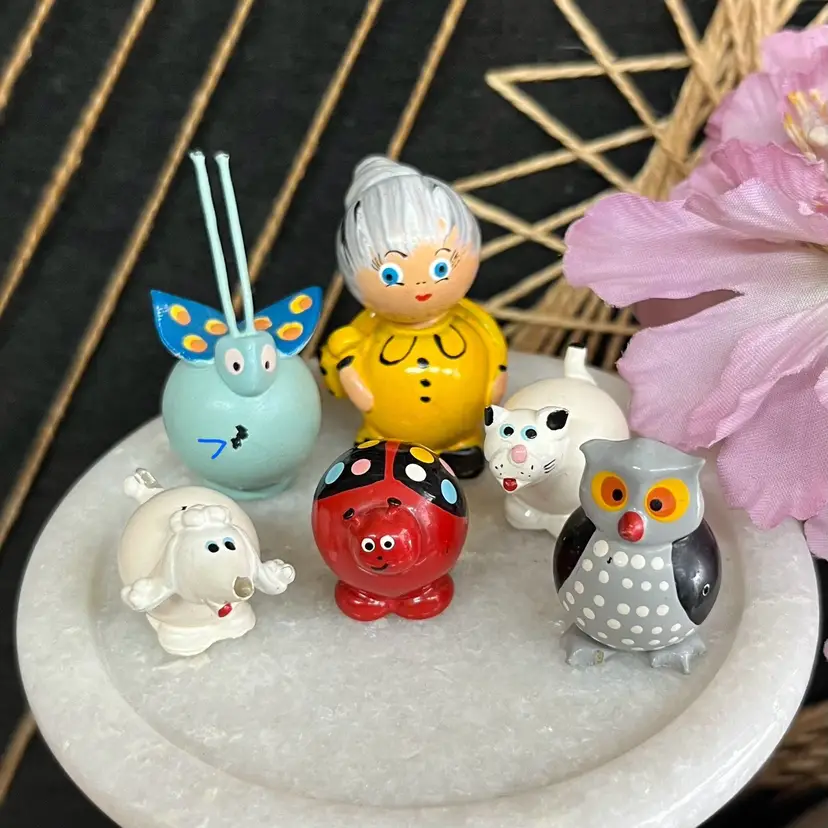 Hand Painted Round Body Figurines Set Of 6, Marble Body Critters And Grandma