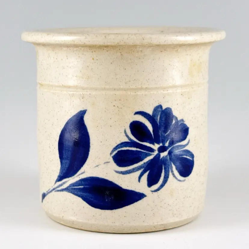 Williamsburg Pottery Factory WPR, Small Hand Painted Crock , Cobalt Blue Flower, Handmade in Virginia USA