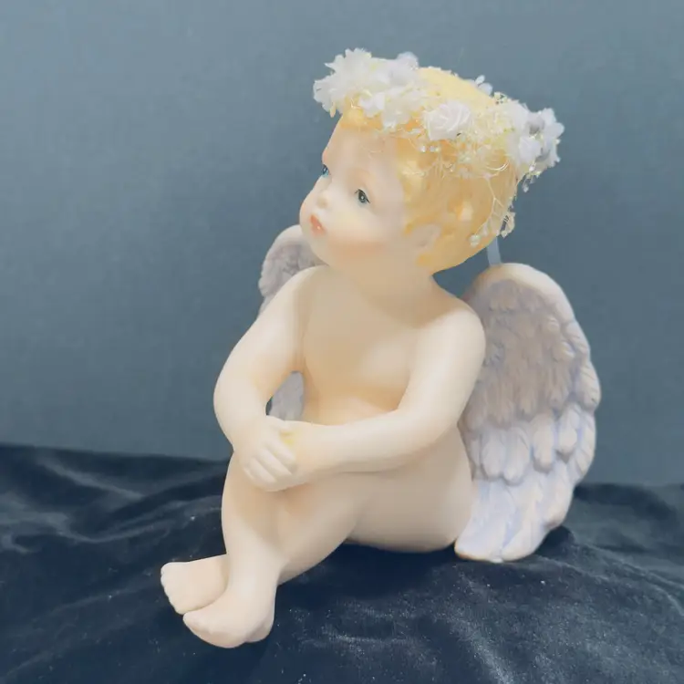 #1270 Bisque, Cherub, Angel Sitting, Cross Legged, Figurine, Statue, Signed