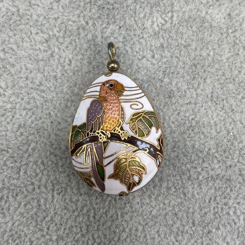 Vintage Cloisonne Parrot Bird Pendant Double Sided Teardrop