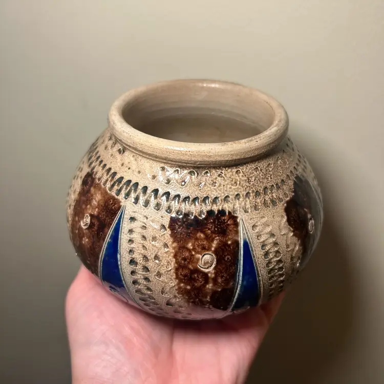 Gorgeous vintage German? Blue And Brown Stoneware Pottery Vase