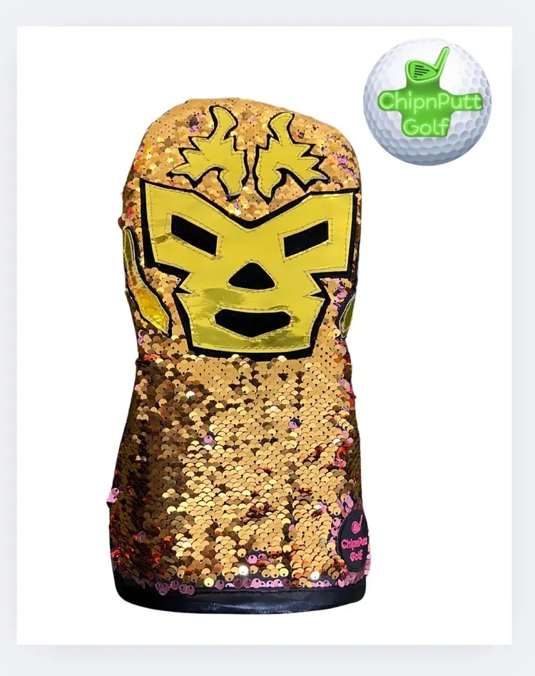 🔥New ChipnPutt Luchador reversible Gold/ Pink handmade Sequins Driver Headcover!🔥