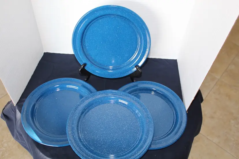 Vintage Blue & White Speckled Enamelware 8.5" Plates Lot of 4 Camping Rustic