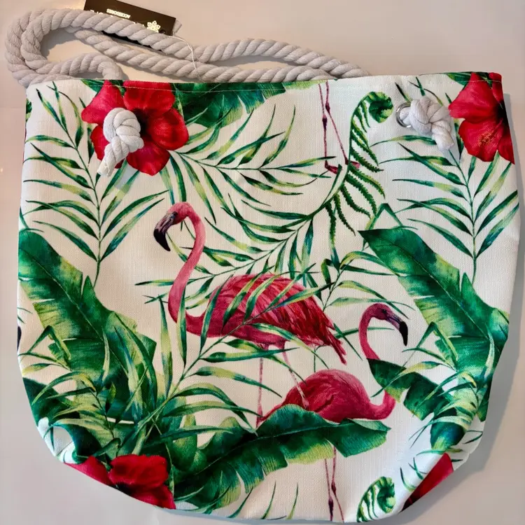 Flamingo Kaleidoscope Brand White NWT Tote Beach Bag 15”