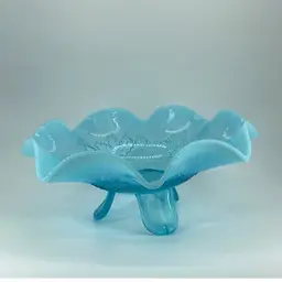 Antique Jefferson Glass Blue Opalescent Ruffled Footed Bowl