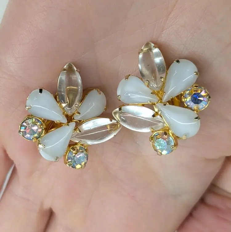 Vintage Cluster Clip On Earrings Teardrop Milky Moonstone Clear AB Gold Tone