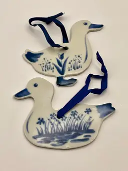 Russ, Ceramic Ornaments, DUCKS, Blue/White with Florals, Stickers, Ribbons for Hanging