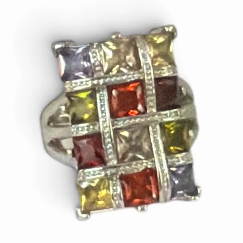 Large Silver Tone Multi-Coloured Gem Signet Ring - Size 6.5