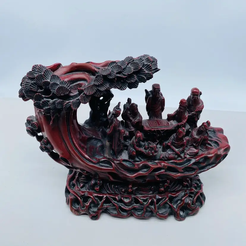 #1431 Large Red Statue Of Eight Immortals Boat Of Life Fung Shui Mythology Figurine