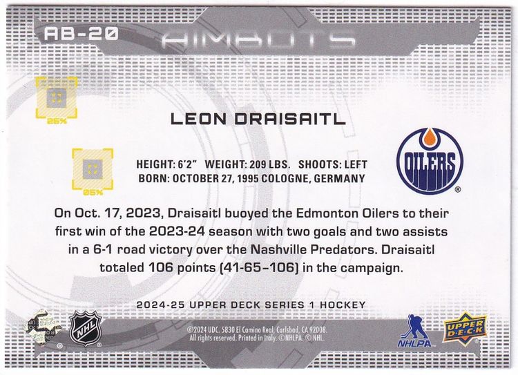 2024-25 Upper Deck Aimbot #AB20 Leon Draisaitl Edmonton Oilers Hockey Card