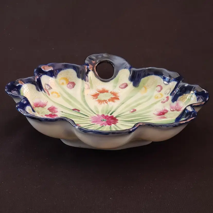 Floral Nappy Nut Dish Ceramic Hand Painted Blue Rim Multicolored Floral 7¼" Diameter Unbranded Vintage