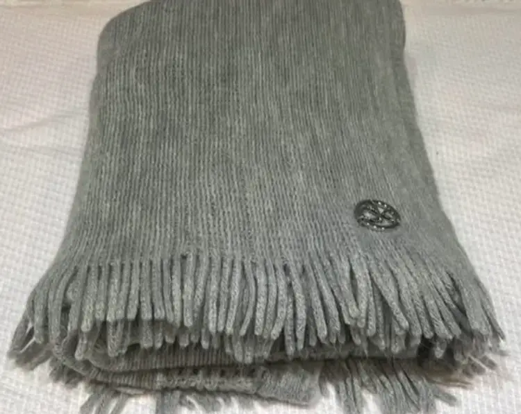 00445 - Calvin Klein Gray Knit Fringe Scarf Shawl Wrap Logo 72" x 14" Acrylic