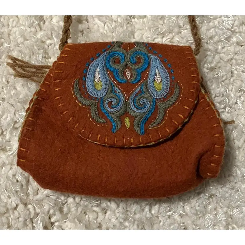 #01 - Handmade Felt Wool Kazakhstan bag, orange/brown, sewn decoration 6 in wide