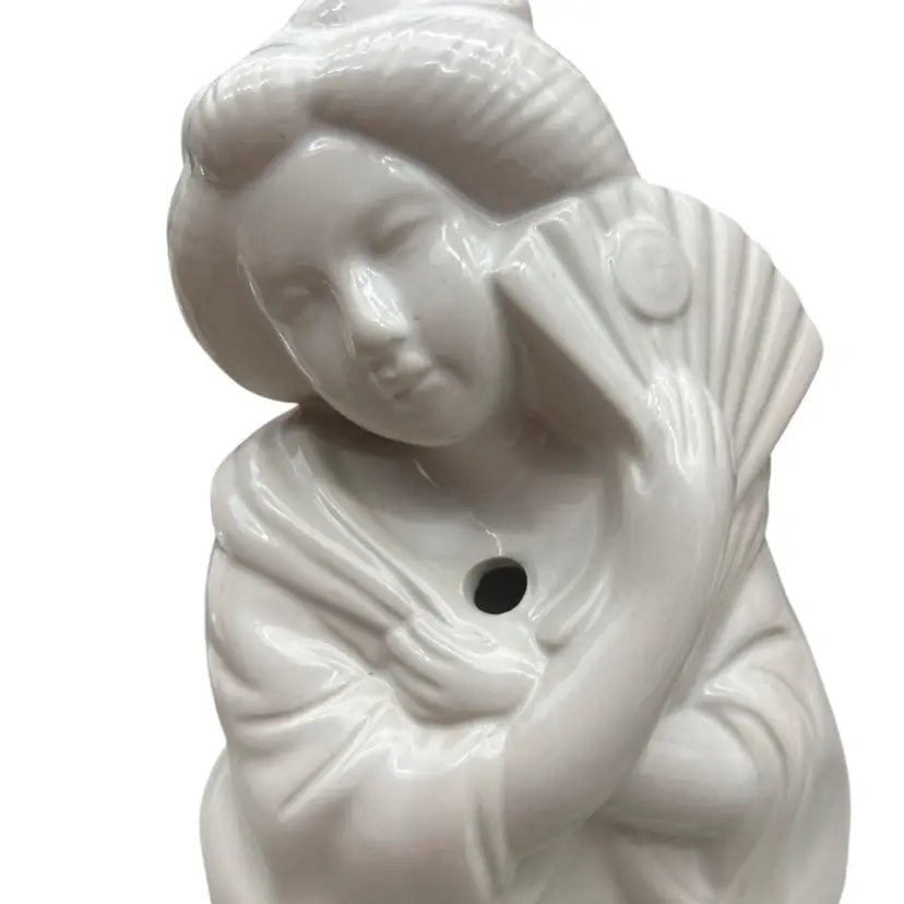 #01 Vintage White Ceramic Lady Fan Vase Planter Art Deco Style Vanity Figurine 6” x 4”