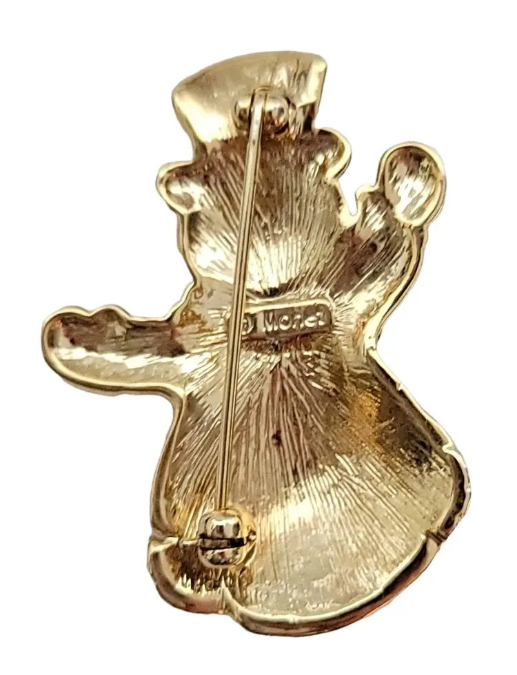 Monet Gold-Tone Red Enamel Rhinestone Snowman Brooch Pin Signed