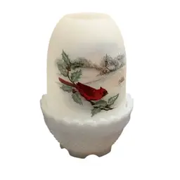 Fenton 2-piece Fairy Light Opal Satin Birds In Winter Cardinal HP By Debra Cutshaw 4 1/2” X 3 1/4”