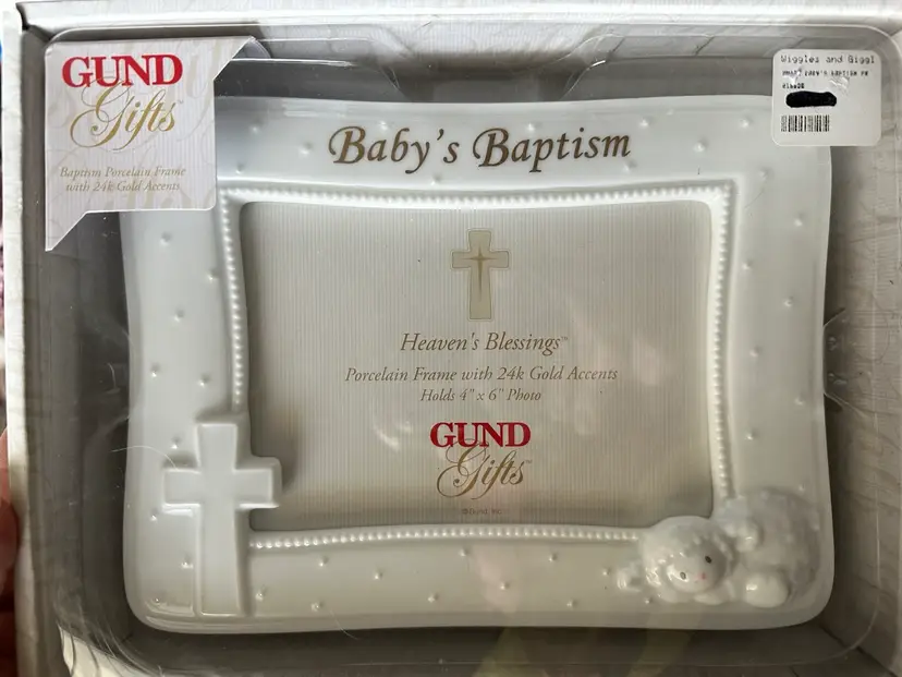 Gund Baby's Baptism Porcelain Photo Picture Frame 24K Gold Accents 4x6 Frame