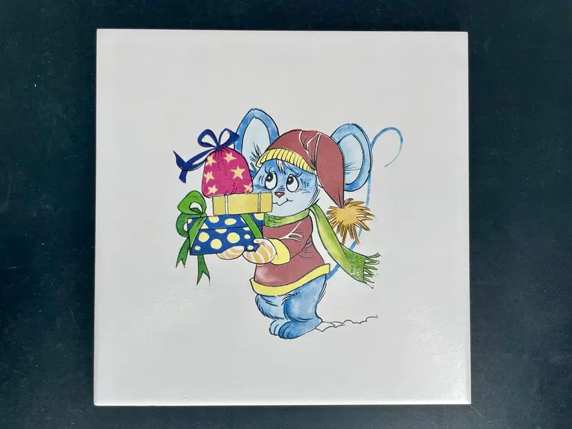 Vintage Christmas Mouse Ceramic 8x8 in Tile TRIVET Kitschy Cute