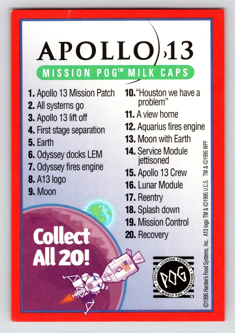 Apollo 13 Mission POG Milk Caps Checklist Card 1995 Hardee's Food NASA - TC563