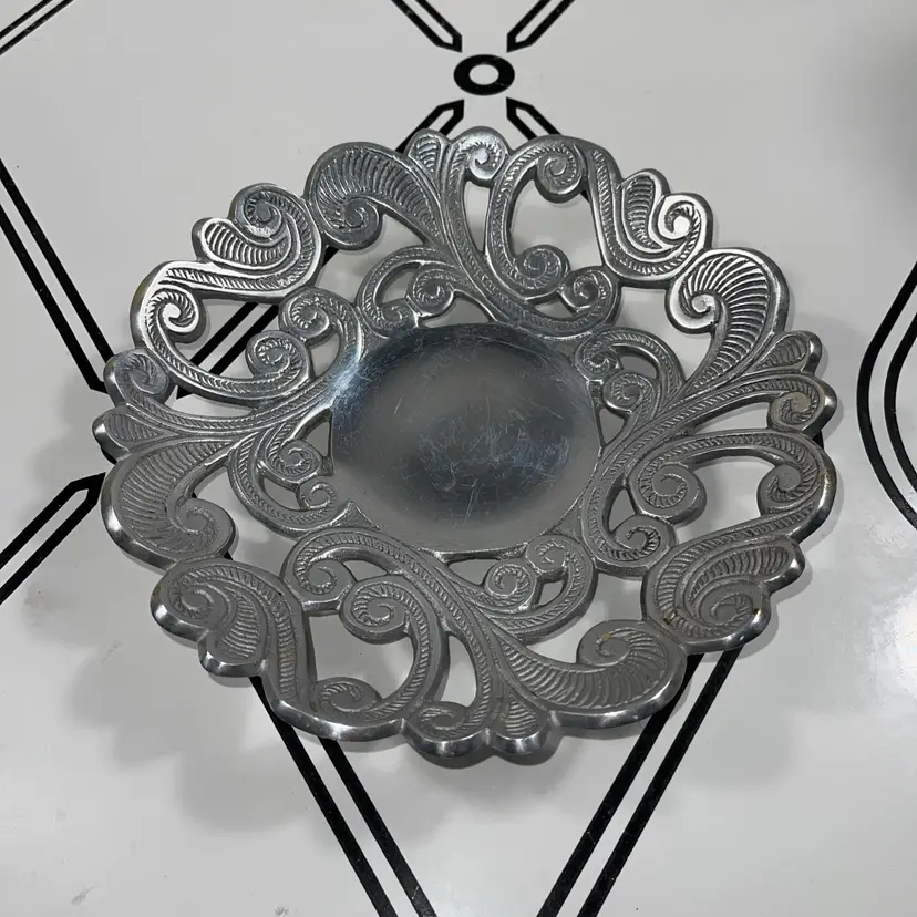 Ornate Cast Pewter Decorative Bowl/Tray Scroll Design Vintage Centerpiece