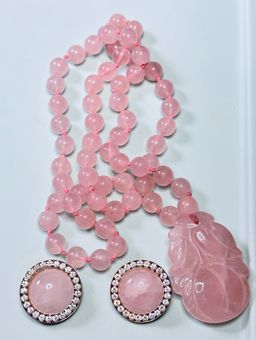 Vintage Rose Quartz Individually Knotted Bead Necklace 26” & Carved 2” Pendant married to Rose Quartz & Rhinestone Clip Back Earrings Set