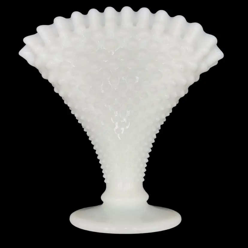 Vintage 1950s Fenton Milk Glass Hobnail Large Fan Vase, 3959 Footed, 8" x 8"