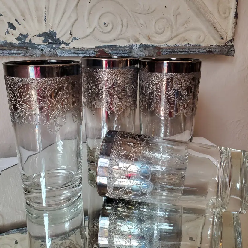 Set of 4 Mid-Century Vitreon Queen's Lusterware Etched Silver Faded Glasses