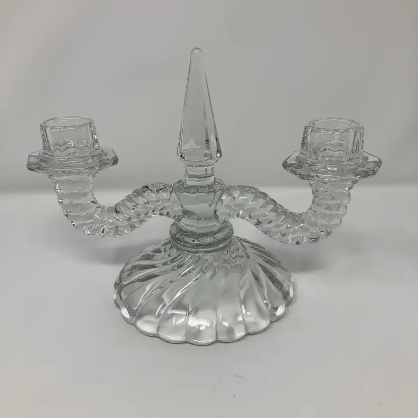 Vintage Fostoria Colony Glass Double Taper Candlestick Holder Or Sconces!  6” Tall! UV Reactive Green Glow! 😎