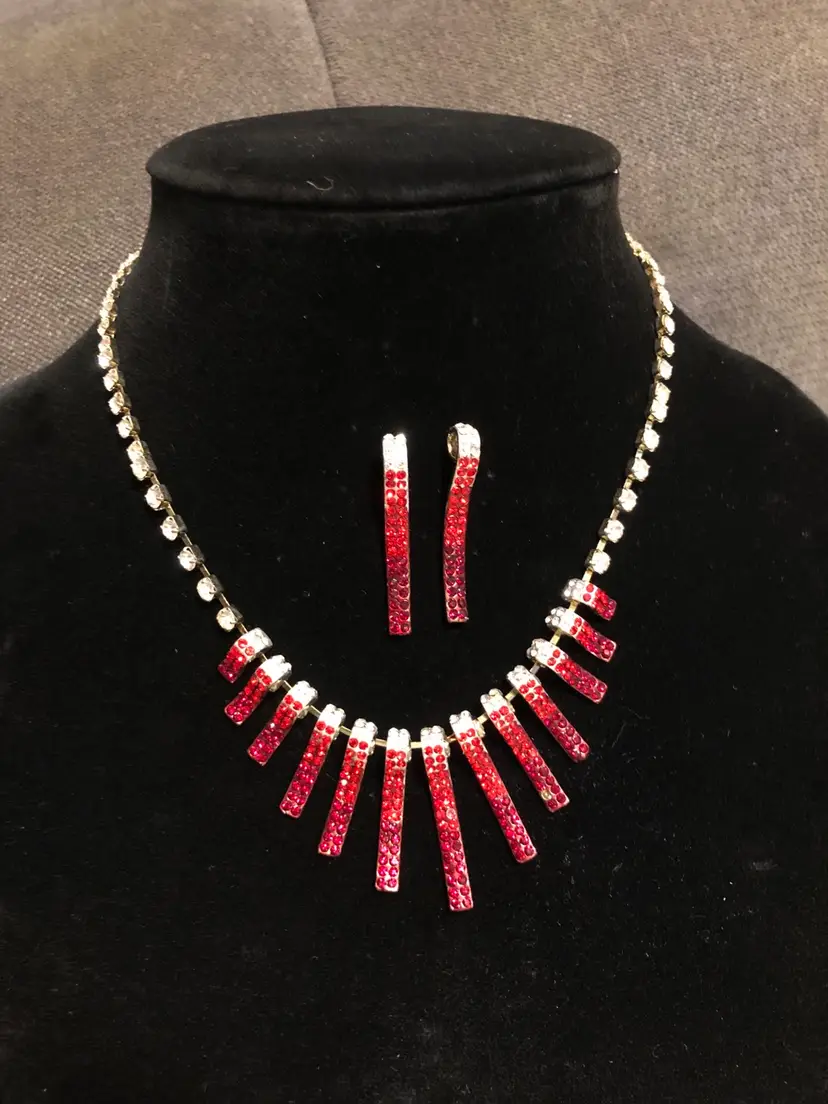 Red Jeweled Necklace and Earring Set