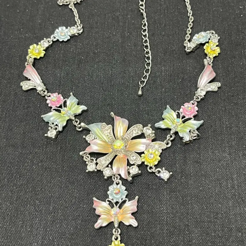 Pastel Enamel Silvertone Butterfly Floral AB Rhinestone Bib Necklace 17-20”