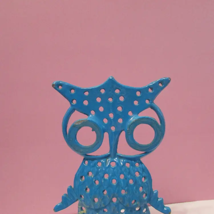 vintage blue owl metal earring holder 5 1/2" tall vanity decor
