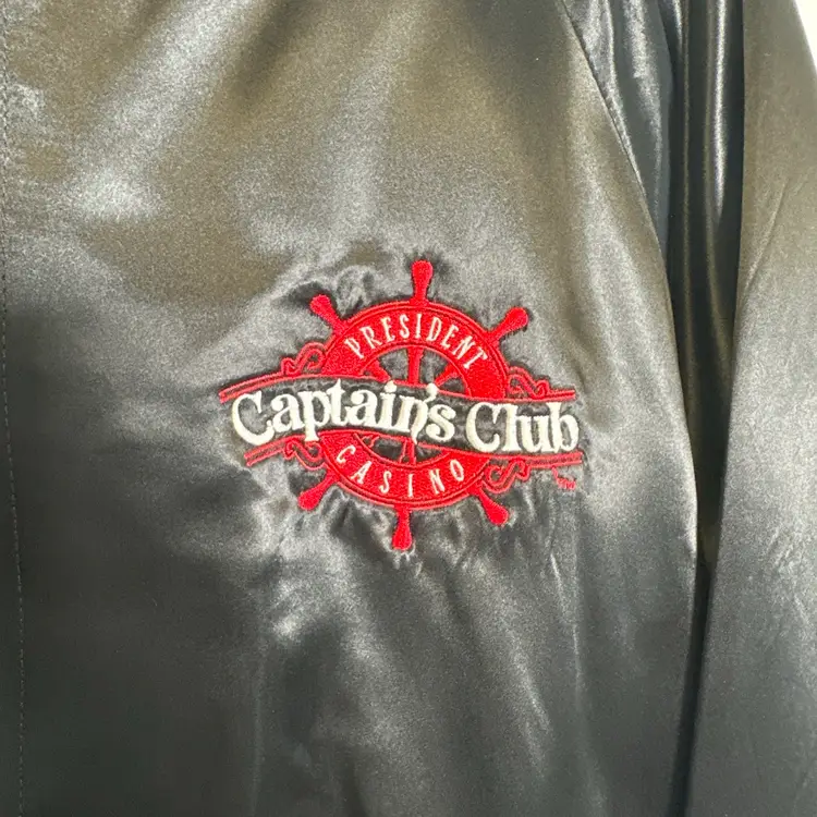 Vintage 90s President Casino Captains Club Satin Bomber Jacket Black Adult Large