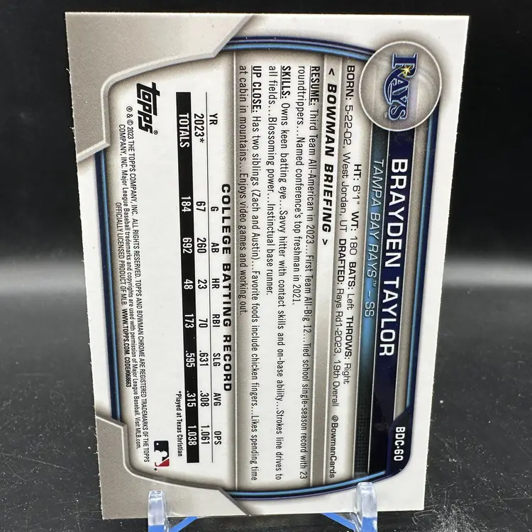 Brayden Taylor 1st Lunar Glow Refractor 2023 Bowman Draft Chrome #BDC-60 Rays