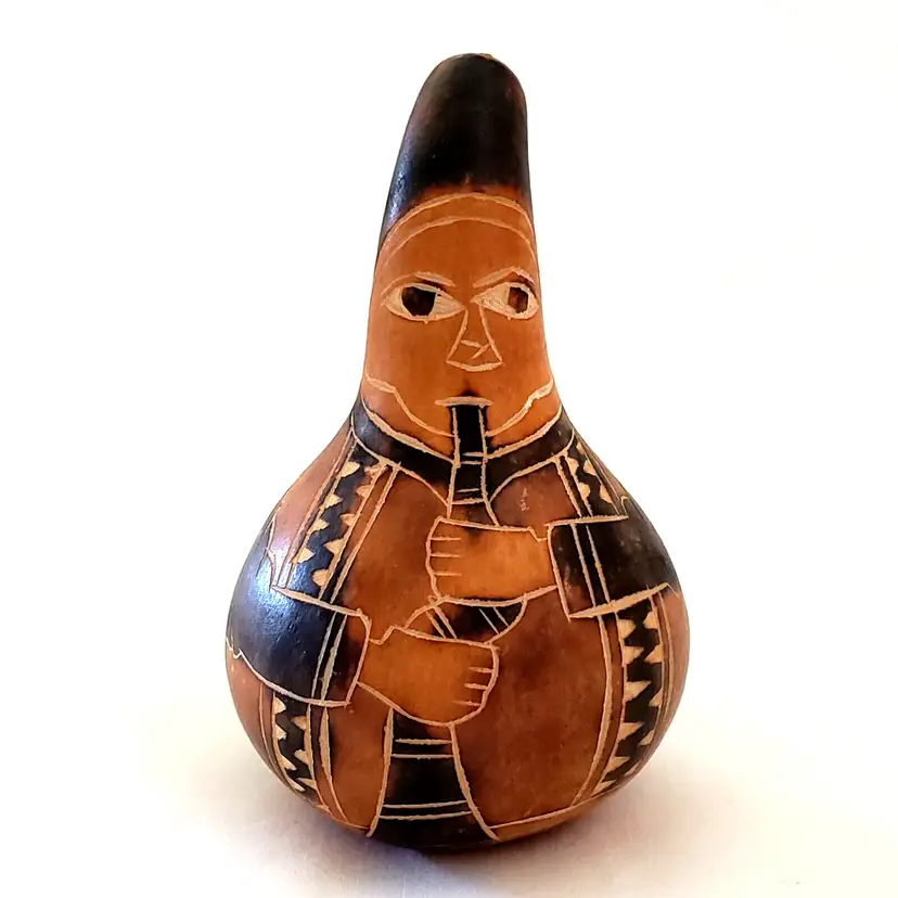 Peruvian Hand Carved Etched Gourd Folk Art with Curved Flute 3 1/2" Vintage
