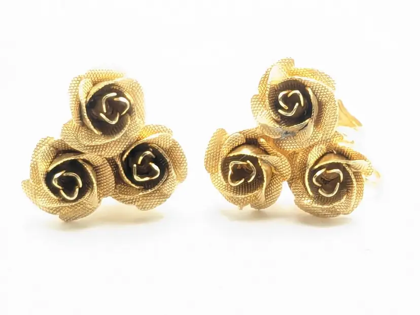 Vintage Gold Tone Rose Clip-On Earrings