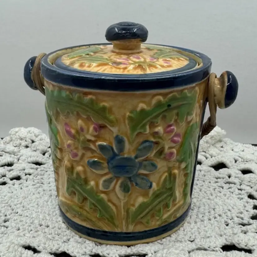 Embossed floral ceramic jar and lid, Crazing, 4.25” Not Including Handle