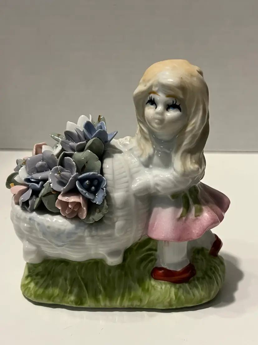 Vntg Big Sister Baby Announcement W/Bassinet Of Pink Blue Flowers Porcelain Hand Painted

