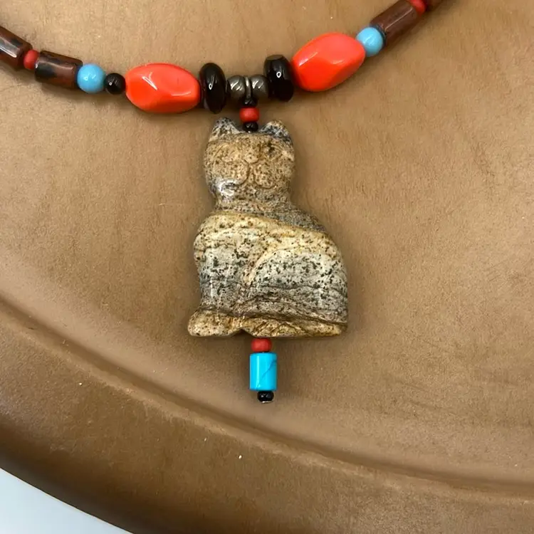 Carved Stone Cat & Glass Bead Necklace! 20”