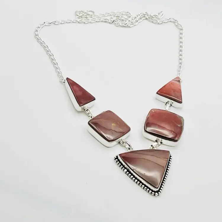 5-Stone Mookaite Jasper Necklace (20.5 inches) in Sterling Silver Finish (#037)