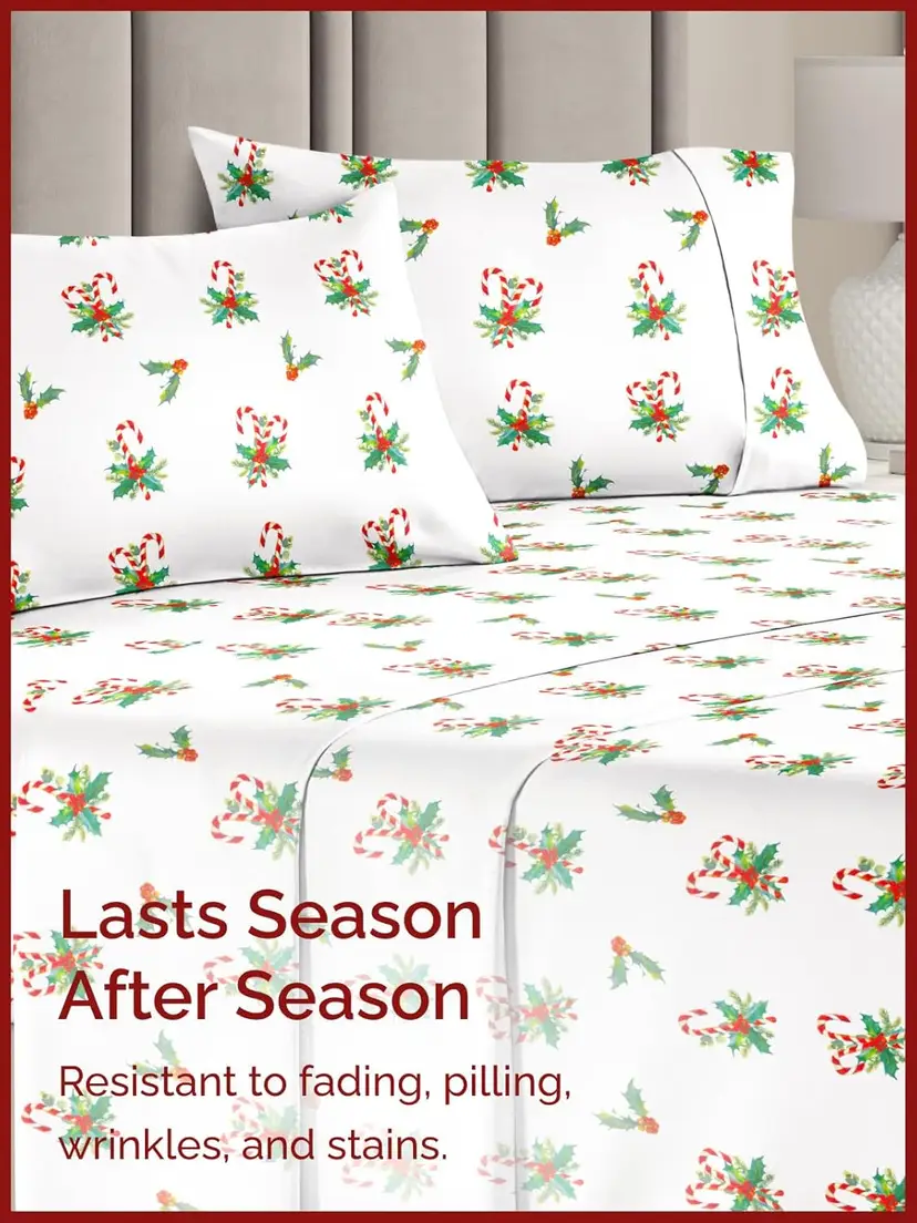 CGK LINENS QUEEN/KING CHRISTMAS SHEET SETS CANDY CANES./MISTLETOE