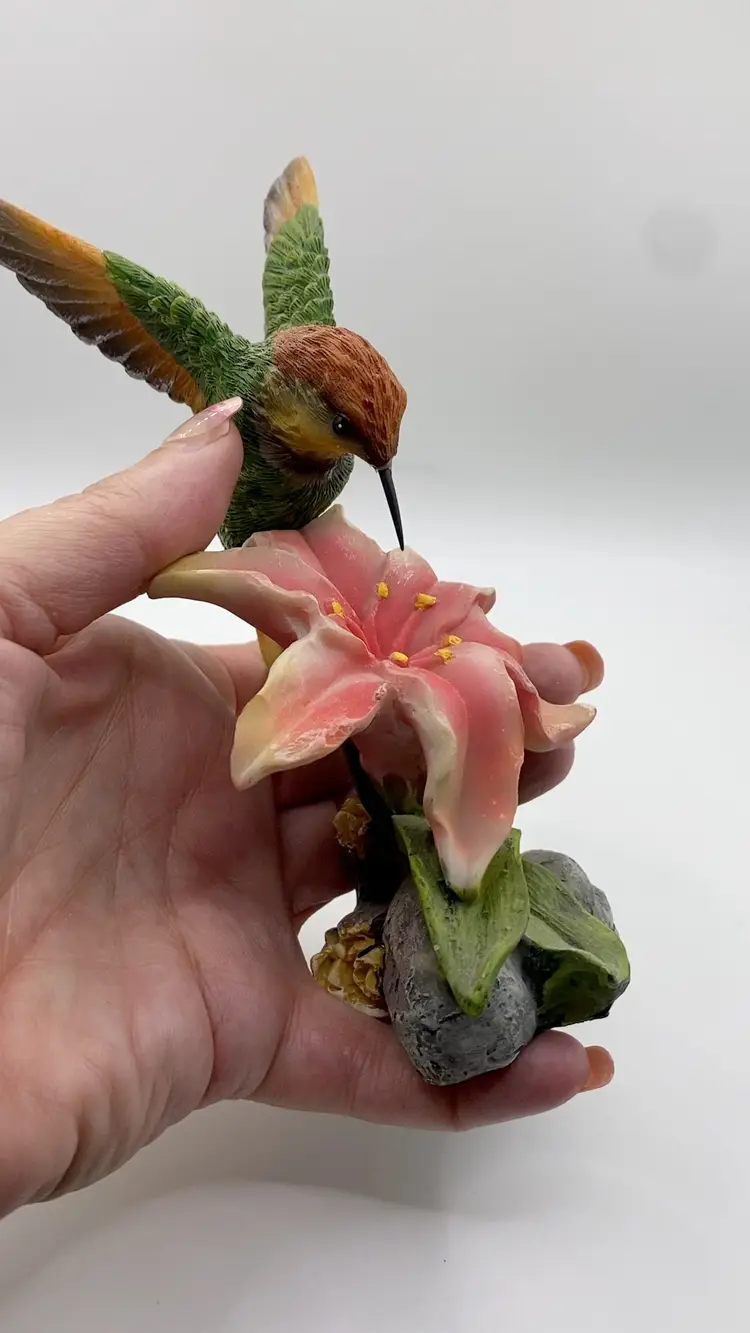Hummingbird Bird Figurine Pink Lily Vintage Damage on Wing
