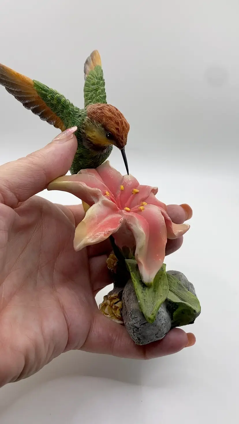 Hummingbird Bird Figurine Pink Lily Vintage Damage on Wing