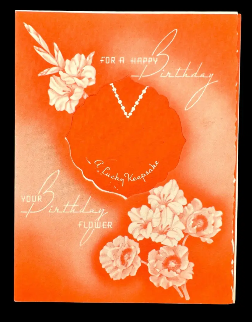 Vintage Happy Birthday Flower Card August Gladiola Poppy Orange Meryl USA