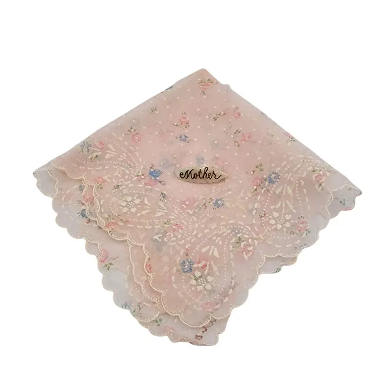 Mother Of Pearl "Mother" Brooch & Sheer Pink Floral Handkerchief Gift Set