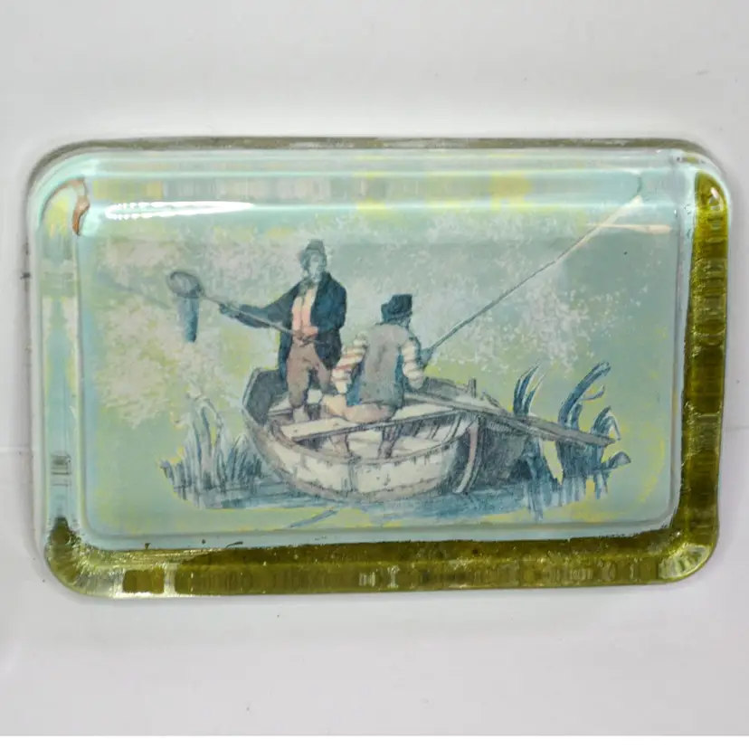 Vintage Glass Paperweight Fishing Scene Felt Bottom Decor Desk Accessory