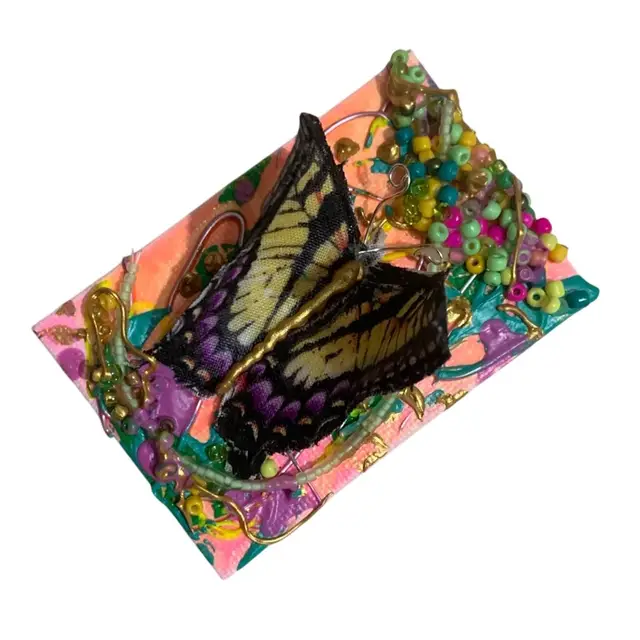 #05 Study 📚 #5 Gorgeous Made By Me Sustainable Art Mounting Of Faux Yellow Swallow Tail Butterfly 🦋 On Tiny 2.5” By 3.75” Stretched Canvas Frame UV Reactive Glowy