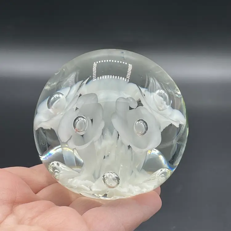 Joe Rice Clear Glass Trumpet White Flowers Paperweight