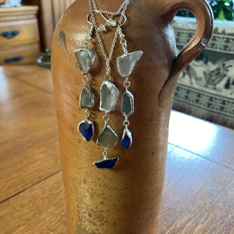 Erie Glass Artisan Made Frosted Light Blue And Blue Pendant And Dangle Earring Set Handcrafted Jewelry Set