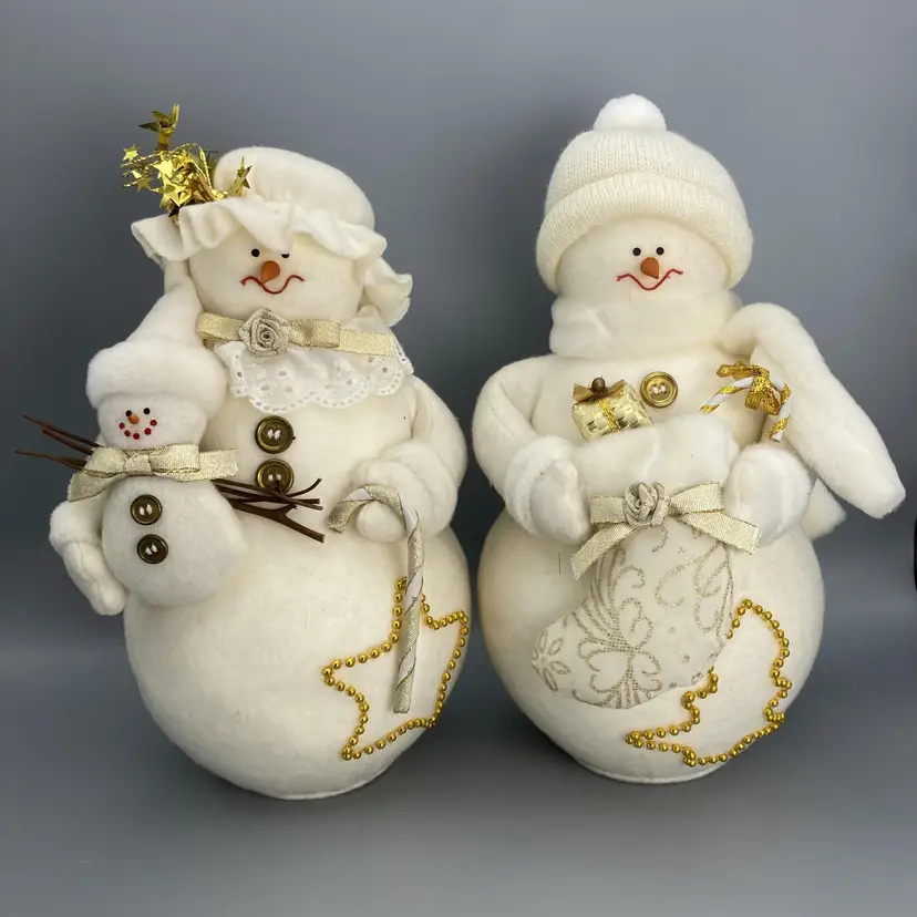 Snowman Couple Decoration - Felt/Fabric with Gold Accents 12" tall - Vintage