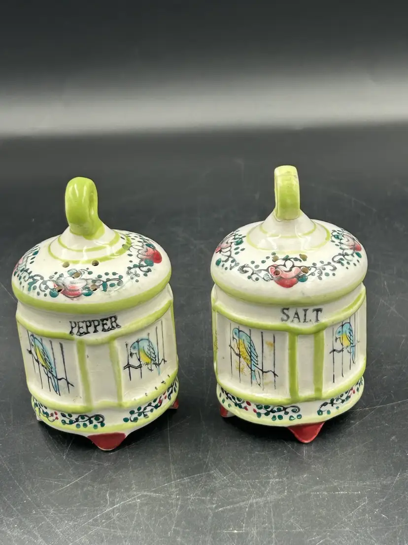 Vintage Japan, Salt And Pepper Shakers Blue Birds In Cages, Hand Painted Read More